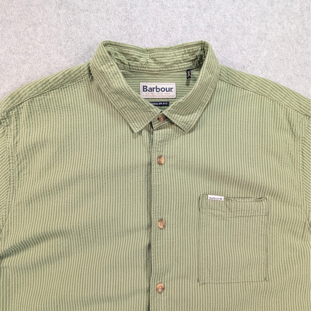Barbour Mens Short Sleeve Button Down Shirt Green Striped Regular Fit Lrg 23x30